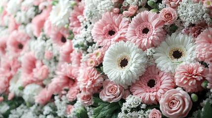Poster - White and pink assorted flowers create a soft minimalistic background in bright tones symbolizing purity beauty and love modern blurred effect with empty blank space ideal for captions or designs

