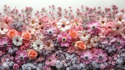 Poster - White and pink assorted flowers create a soft minimalistic background in bright tones symbolizing purity beauty and love modern blurred effect with empty blank space ideal for captions or designs

