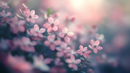 Poster - White and pink assorted flowers create a soft minimalistic background in bright tones symbolizing purity beauty and love modern blurred effect with empty blank space ideal for captions or designs

