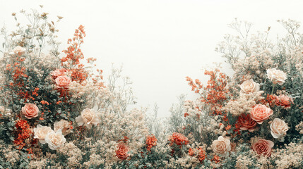 Poster - White and pink assorted flowers create a soft minimalistic background in bright tones symbolizing purity beauty and love modern blurred effect with empty blank space ideal for captions or designs

