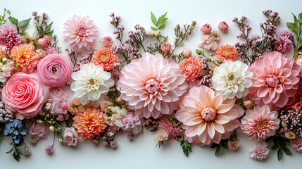Poster - White and pink assorted flowers create a soft minimalistic background in bright tones symbolizing purity beauty and love modern blurred effect with empty blank space ideal for captions or designs

