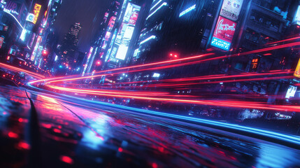 Poster - light speed motion effect background with blue and red line. night flare on road for fast movement o