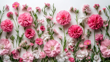 Poster - White and pink assorted flowers create a soft minimalistic background in bright tones symbolizing purity beauty and love modern blurred effect with empty blank space ideal for captions or designs

