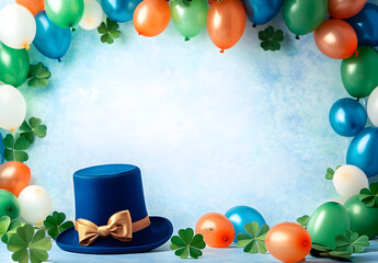 Wall Mural - banner copy space with hat and balloons with clover background