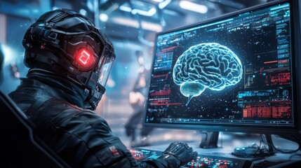 Poster - Human Figure in Futuristic Technology Control Room Analyzing Data