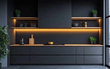 Modern dark kitchen interior with minimalist design, wooden shelves, and warm LED lighting.