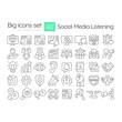 © bsd studio - Social media listening linear icons set. Marketing research, statistical metrics. Planning, goal. Customizable thin line symbols. Isolated vector outline illustrations. Editable stroke
