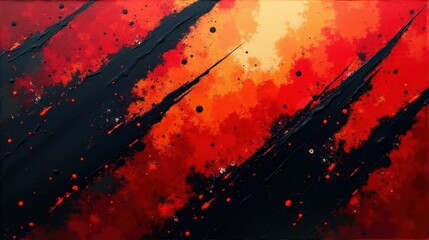 Wall Mural - A bold and dynamic abstract piece with sharp angular lines, intense red and black gradients, and scattered glowing particles for a feeling of power.