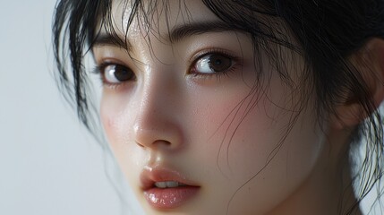 Aufkleber - Embracing the beauty of simplicity, a young Asian woman gazes softly, showcasing her radiant skin and expressive eyes. The soft natural light enhances the intimate atmosphere