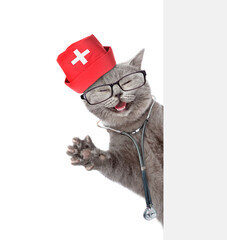 Aufkleber - Happy cat dressed like a doctor with stethoscope on his neck looks from behind blank white banner. isolated on white background
