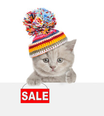 Poster - Cute tiny kitten wearing warm winter hat shows thumbs up gesture and signboard with labeled 