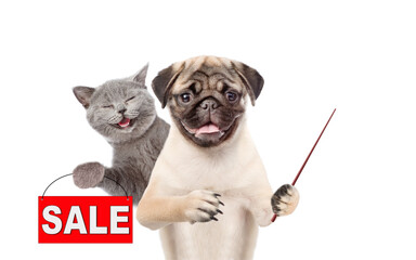 Aufkleber - Happy cat and Pug puppy look at camera. Dog points away on empty space. Kitten  shows signboard with labeled 