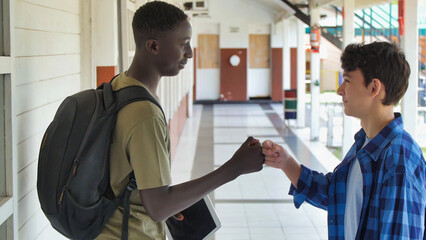 Poster - African boy meeting in the school hallway with his caucasian teenager schoolmate