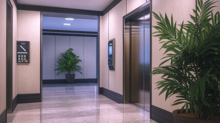 Open and closed elevator doors in office hallway. Vector realistic empty modern interior with lift, metal panel with buttons and floor display on wall in hall of hotel or house