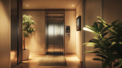 Open and closed elevator doors in office hallway. Vector realistic empty modern interior with lift, metal panel with buttons and floor display on wall in hall of hotel or house