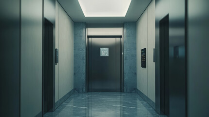 Open and closed elevator doors in office hallway. Vector realistic empty modern interior with lift, metal panel with buttons and floor display on wall in hall of hotel or house