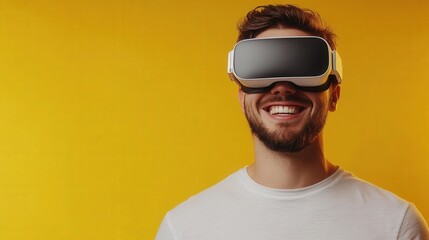 Poster - Man wearing virtual reality headset engaged in immersive digital experience at home