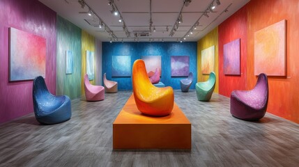 Poster - Room interior featuring a variety of colorful chairs arranged in different styles and designs
