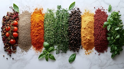 Canvas Print - Colorful arrangement of spices and herbs with tomatoes on a marble surface, showcasing culinary diversity