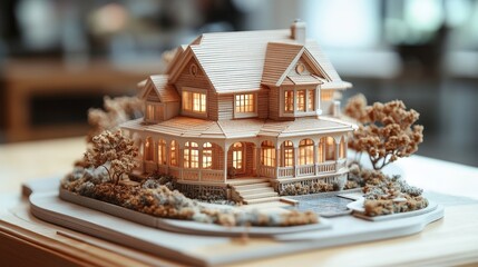 Poster - Model of a house displayed on a table in a bright and modern interior setting with soft lighting