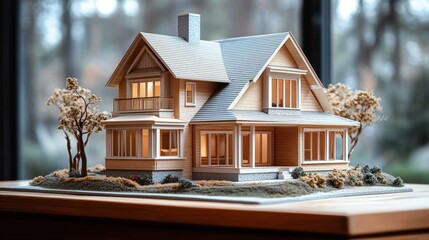 Poster - Detailed scale model of a modern house with landscaping and outdoor features displayed on a flat surface