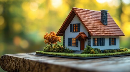Poster - Miniature house model placed on a wooden table showcasing craftsmanship and design details