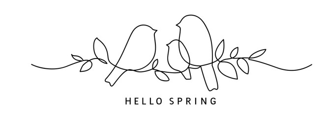 Aufkleber - One line drawing. Abstract decorative horizontal ornament with spring forest bird family, stem and leaves. Spring Easter holiday border design element. Vector stock illustration.