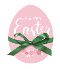Aufkleber - Decorative pink egg with green bow and Happy Easter lettering text. Easter sticker for spring holiday design. Vector stock illustration.	