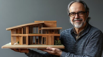 Poster - Man holding a scale model of a house in a studio environment with natural light
