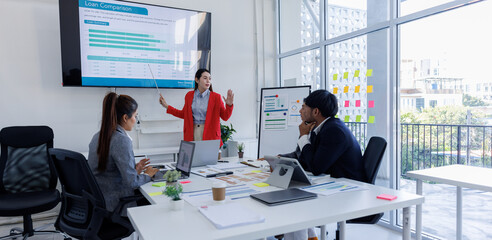 Wall Mural - Group of Business people planning at whiteboard in office meeting,team business work with documents tax laptop computer in office.	