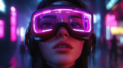 Poster - Woman using virtual reality glasses in modern indoor setting with focus on technology and innovation