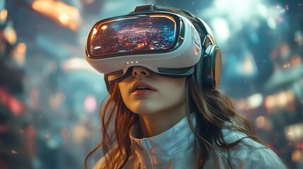 Poster - Woman engaged in virtual reality experience with headset and controllers in modern indoor environment