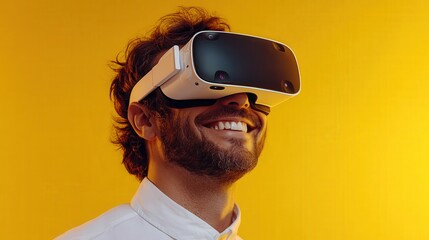 Poster - Man wearing virtual reality headset engaged in immersive digital experience indoors