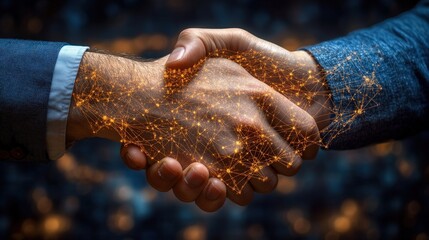 Aufkleber - Two hands shaking over a network of connected lines representing partnership and collaboration