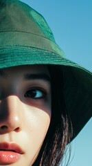 Aufkleber - A young Asian woman gazes thoughtfully, her green hat casting a gentle shadow across her face, highlighting her expressive features in the clear blue sky