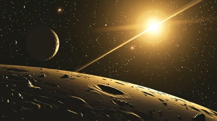 Wall Mural - celestial scene with planet, rings, and bright star in space