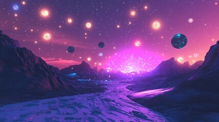 Wall Mural - dreamlike cosmic landscape with bright stars and colorful planets