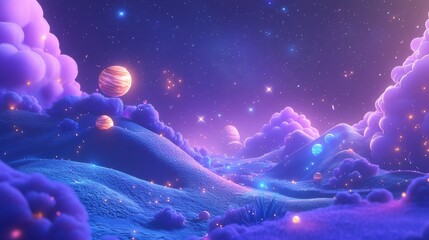 Wall Mural - Dreamy Cosmic Landscape with Colorful Planets and Starry Sky
