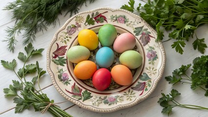 Wall Mural - Colorful Easter eggs arranged in a circular pattern on a decorative plate surrounded by fresh herbs