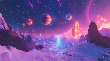 Wall Mural - Colorful Cosmic Landscape with Planets and Bright Nebulae