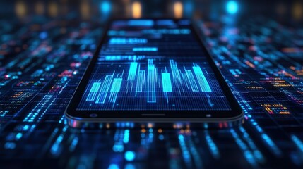 Poster - Smartphone displaying a colorful sound wave graphic on its screen against a blurred background