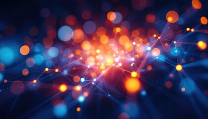 Fototapete - Abstract geometric network with glowing orange and blue bokeh lights