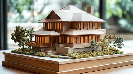 Poster - Model of a house displayed on a table with a clean background for architectural design or planning purposes
