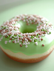 Wall Mural - Delicious green frosted donut topped with colorful sprinkles on a soft background for dessert lovers