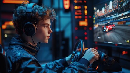 Poster - Boy sitting on floor playing video game with game controller and focused expression on his face