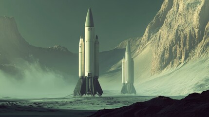Leinwandbilder - A futuristic rendering of space engineering concepts with satellites and rockets.