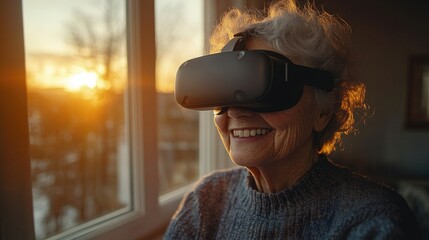 Poster - Woman using virtual reality headset with immersive digital experience in a modern indoor setting