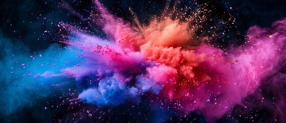 Wall Mural - vivid explosion of multicolored powder bursting against deep black background – dynamic and colorful