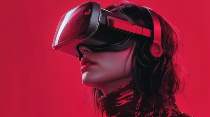 Poster - Woman experiencing virtual reality using vr headset in a modern indoor setting with engaging environment