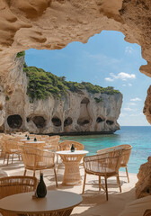 Poster - A serene coastal setting featuring an outdoor terrace carved into a cliffside, overlooking crystal-clear turquoise water. The terrace is adorned with wicker chairs and round white tables.